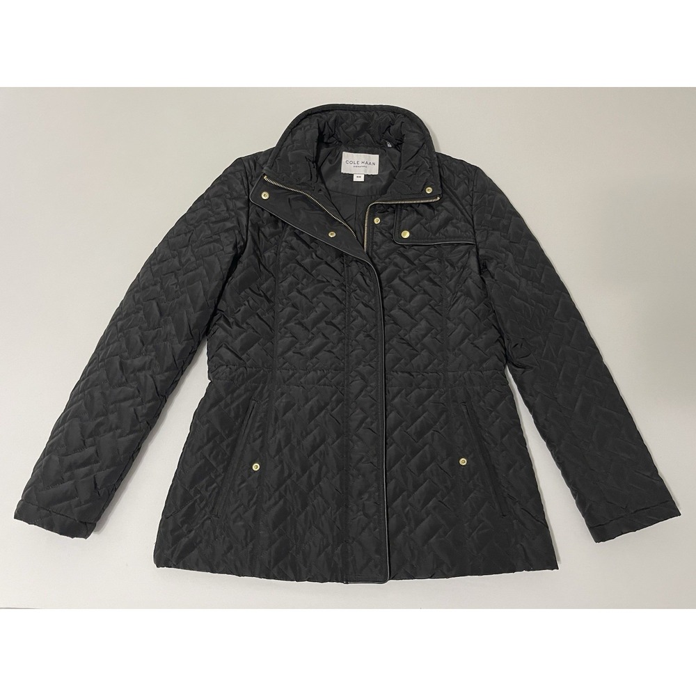 Cole Haan Signature Quilted Jacket Womans MEDIUM Full Zip Coat Black Waist Cinch